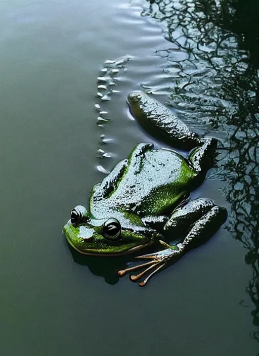 Image similar to “semitranslucent smiling frog amphibian floating over misty lake waters in Jesus Christ pose, low angle, long cinematic shot by Andrei Tarkovsky, paranormal, eerie, mystical”