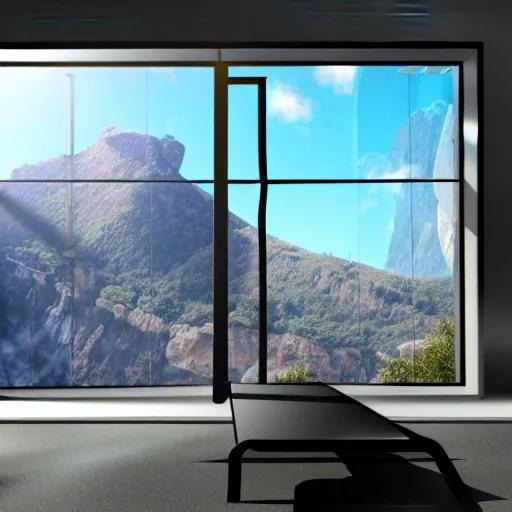 Prompt: looked at big window, mountains in background, sunny day time, clear sky, futuristic, furnitures, ultra realistic, ultra detailed, cinematic light