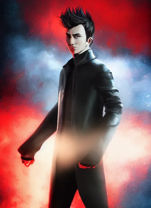 Image similar to An epic fantasy comic book style portrait painting of a young man with black cowlick haircut, wearing black overcoat, red clothes, blue jeans. Unreal 5, DAZ, hyperrealistic, octane render, cosplay, RPG portrait, dynamic lighting