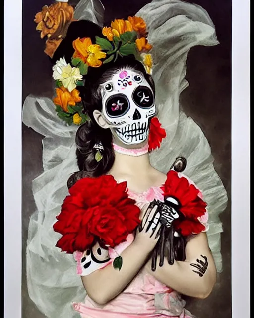 Prompt: a cute Día de los Muertos girl posing by Annie Leibovitz, Poster art by J. C. Leyendecker