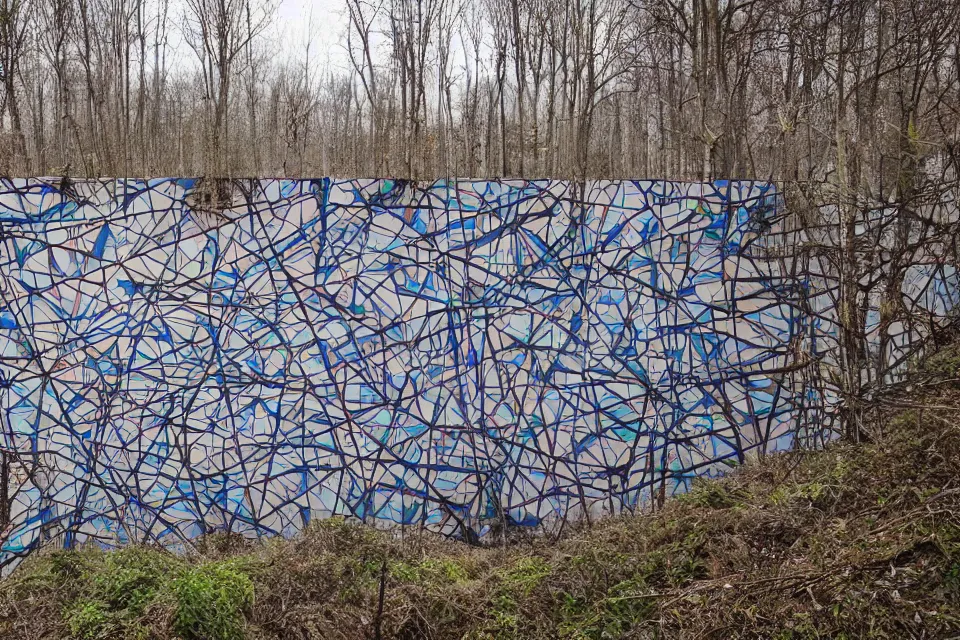 Prompt: geometric anamorphic graffiti of a forest on an abandoned factory, by birdo, alex maksiov and john pugh