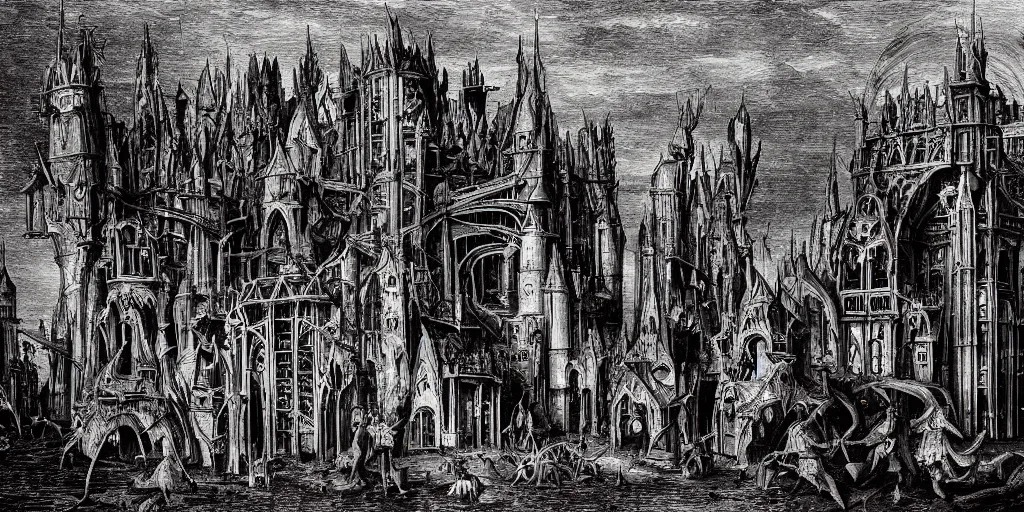 Image similar to demonic gothic megastructure in the style of heironymus bosch, dark intricate masterpiece, hyper detailed, hd