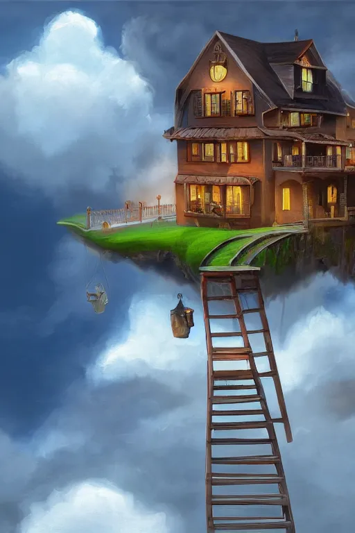 Image similar to A hyperdetailed digital oil painting of a house in the clouds,ladder,cartoon, Trending on ArtStation and DeviantArt