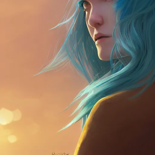 Image similar to ilya kuvshinov with long sky blue hair, gold eyes, boyish face, professional digital painting, concept art, ultra sharp, 8 k, cinematic, wlop, bubbles, tendrils in the background, art by greg rutkowski, pixiv art, art nouveau, yoshitaka amano