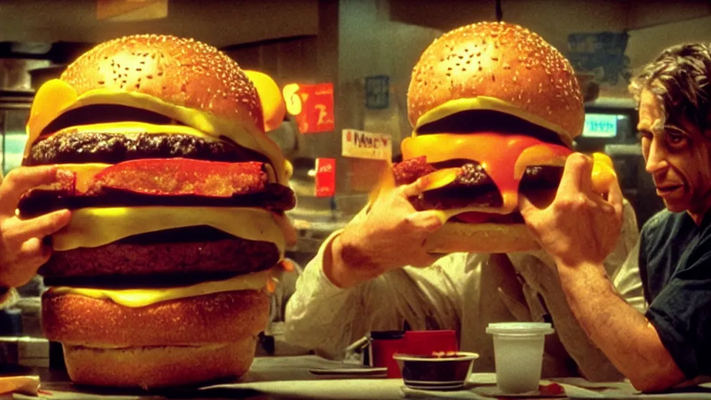 Image similar to the giants cheeseburger monster at the fast food place, film still from the movie directed by denis villeneuve and david cronenberg with art direction by salvador dali, wide lens