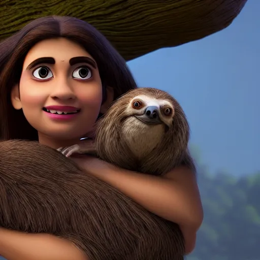 Image similar to a beautiful young indian cottagecore witch holds a cute sloth, traditional disney animation, highly detailed, still from movie, 8 k render