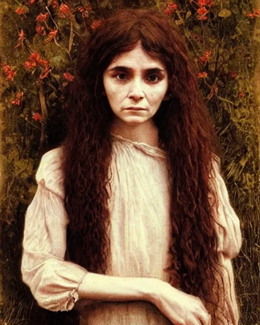 Prompt: a beautiful but sinister, creepy young woman who looks like a young shirley henderson in layers of fear, with haunted eyes and curly hair, 1 9 7 0 s, seventies, delicate embellishments, a little blood, crimson, painterly, offset printing technique, by jules bastien - lepage