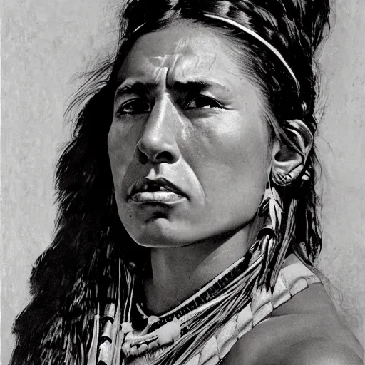 Image similar to head and shoulders portrait of young native american woman, fierce, snarling, clothed, three quarter profile, norman rockwell, ryan pancoast