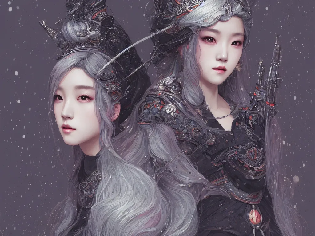 Image similar to portrait jisoo blackpink, grey hair armored samurai clothes, in torii black magic snowy night, ssci - fi and fantasy, intricate and very very beautiful and elegant, digital painting, artstation, concept art, smooth, illustration, art by tian zi and wlop and alphonse mucha