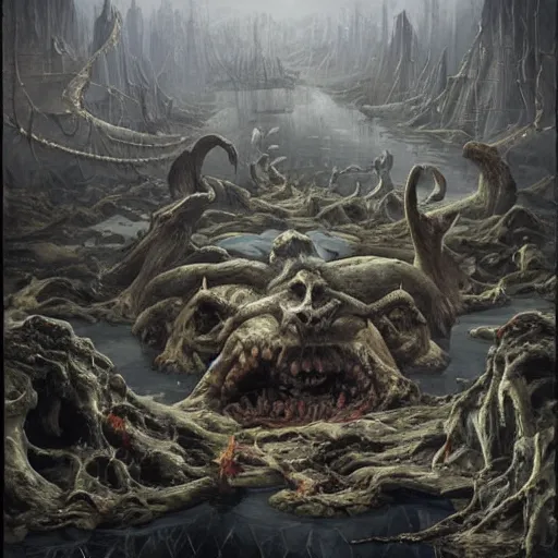 Image similar to A demonic cesspool of pure evil, hell, matte oil painting, highly detailed, astonishing detail