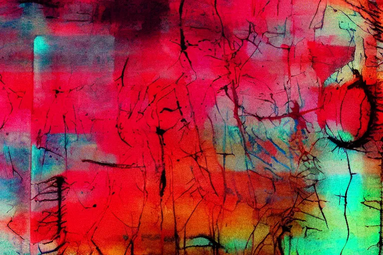 Image similar to abstract experimental painting y 2 k computer graphics red bleeding faded film grain 3 5 mm, trending on artstation, pixel sorting, glitch art, ink blot watercolor charcoal drawing