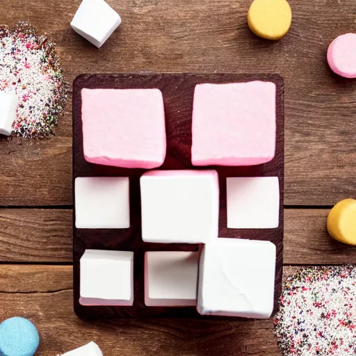 Image similar to photograph of a marshmallow cube with sprinkles on a dark wooden chopping board, pastel colours, hessian cloth, styled food photography, photorealistic, 4 k