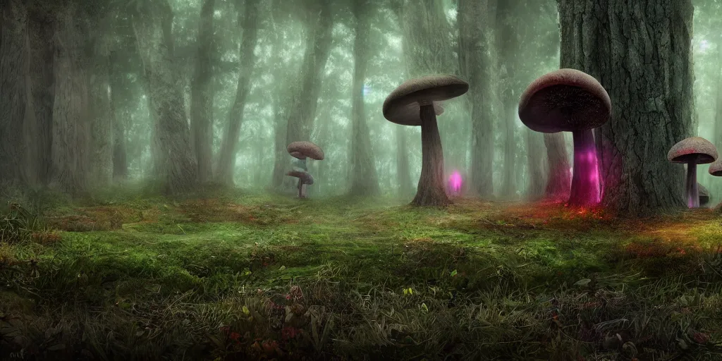 Image similar to a dark gloomy foggy fantasy mushroom forest with a portal to an alternate dimension, high quality rendering, digital art