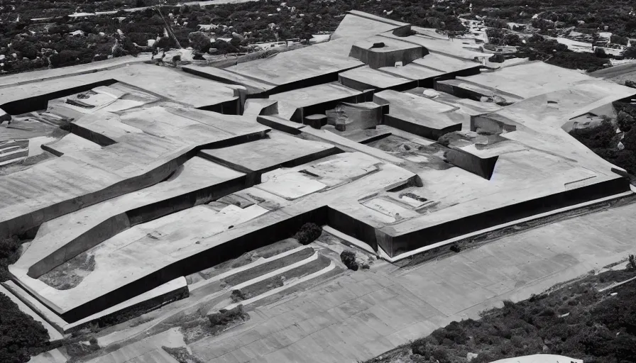 Image similar to big brutalist military base on clliffs, drawing architecture, very long shot, top angle, pritzker architecture prize