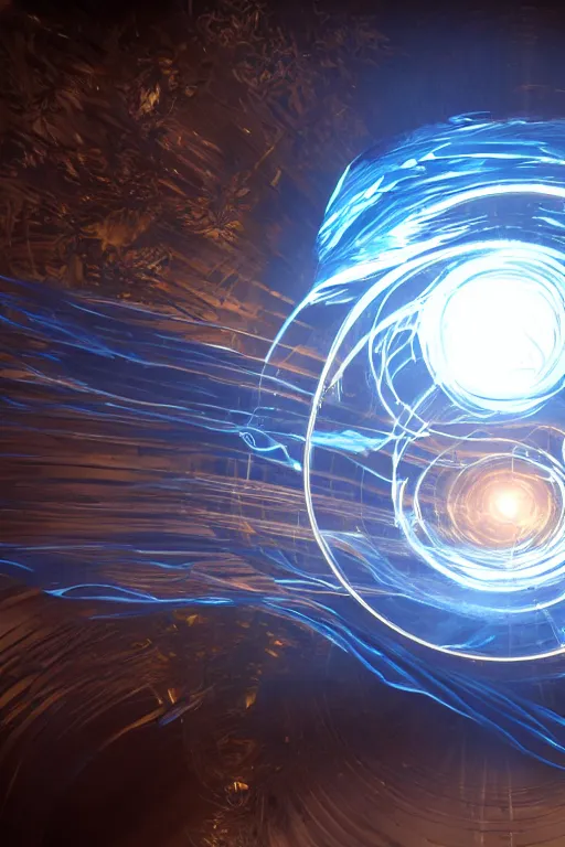 Image similar to swirling light streaks and ornate flowing smoke streams and smooth particle effects flow around a small metallic sphere, unreal engine