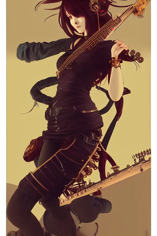 Prompt: full body beautiful young steampunk anime warrior girl playing a strange guitar , pretty face, realistic shaded Perfect face, fine details. steampunk, cyberpunk, highly detailed, artstation, illustration by Ilya Kuvshinov and alphonse mucha , Charlie Bowater, dynamic light, morning