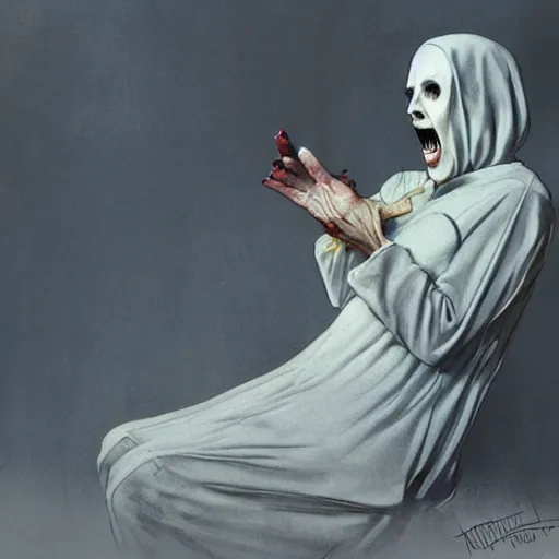 Prompt: a ghost with major depression disorder with psychotic symptoms in a nightmare world. by artgerm and norman rockwell, mural for the soon to be deceased.