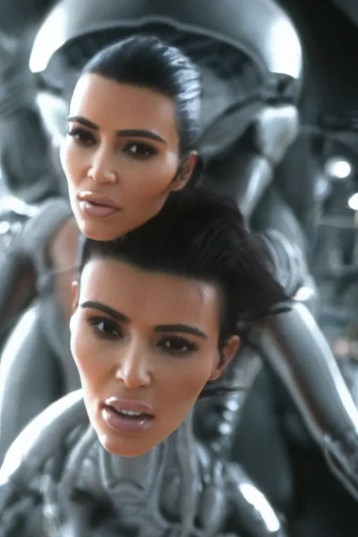 Image similar to film still of kim kardashian in the movie Alien, xenomorph holding kim in a chokehold, kim unconscious, cinematic shot, 4k.