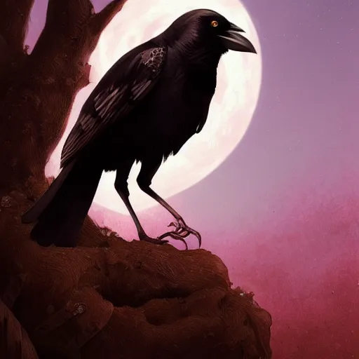 Prompt: crow on tree in front of the full big moon, highly detailed, digital painting, artstation, concept art, smooth, sharp focus, illustration, Unreal Engine 5, 8K, art by artgerm and greg rutkowski and alphonse mucha