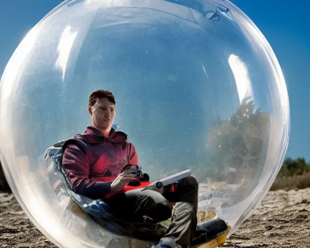 Image similar to filthy gamer floating gently down from the sky in a plastic wrapped bubble. aerial footage. he is wearing a gameboy on his hands.