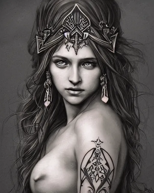 Image similar to tattoo sketch of the beautiful greek goddess aphrodite wearing a laurel wreath with arrowhead earrings, piercing eyes, beautiful flowing hair, hyper realistic face, in the style of greg rutkowski, fantasy, amazing detail, epic, elegant, smooth, sharp focus