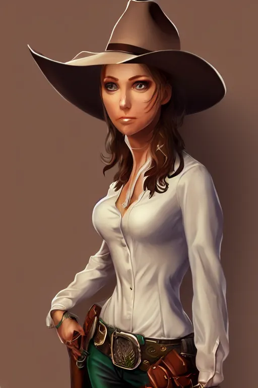 Image similar to full body, female cowgirl, perfect face, white blouse, holster, 8 k, magic the gathering, desert, d & d, artstation, high detail, smooth, sweaty, emerald herald