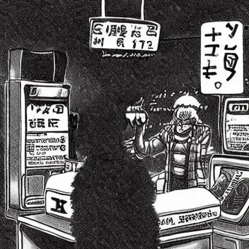 Image similar to a man inside of a gas station trying to buy a dinosaur, by kentaro miura