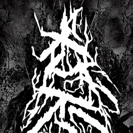 Image similar to black metal band logo, unreadable text, metal font, looks like a tree silhouette, horizontal