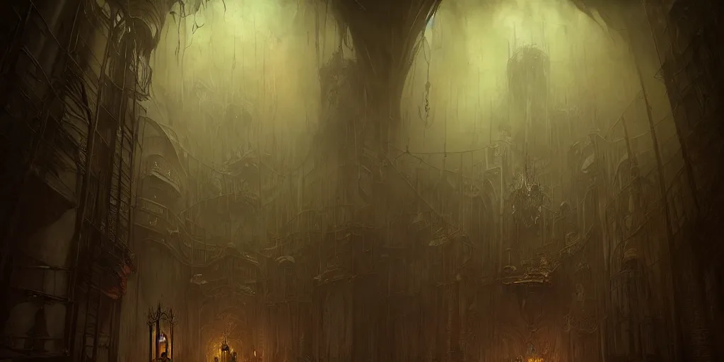 Prompt: dark sinister vampire lair interior by Bastien Lecouffe-Deharme and Brooke Shaden, library, adventure game, inspired by Diablo concept art and Zdzisław Beksiński