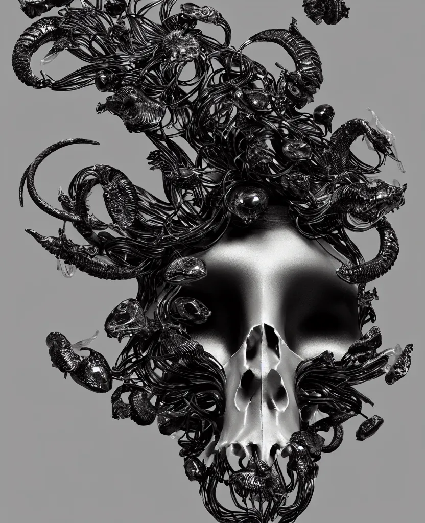 Image similar to goddess princess face close-up portrait ram skull. sculpture made of black and dichroic. jellyfish phoenix head, nautilus, orchid, skull, betta fish, bioluminiscent creatures, intricate artwork by Tooth Wu and wlop and beeple. octane render, trending on artstation, greg rutkowski very coherent symmetrical artwork. cinematic, hyper realism, high detail, octane render, 8k