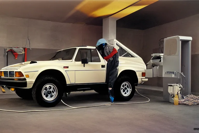 Prompt: A single 1985 Bronco Vector W8 Twin Turbo 911 BMW M1 inside of a car wash, ektachrome photograph, volumetric lighting, f8 aperture, cinematic Eastman 5384 film