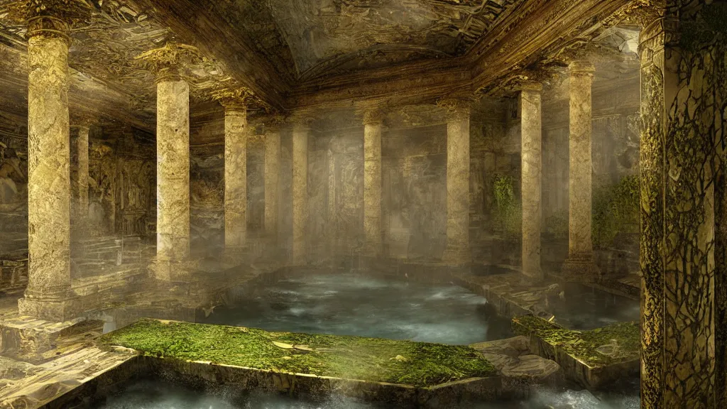 Image similar to roman bath, marblefloor with germanic gold pattern, golden snakes, mossy pillar, ruin, godrays, fog, tiny waterfall, cgsociety,