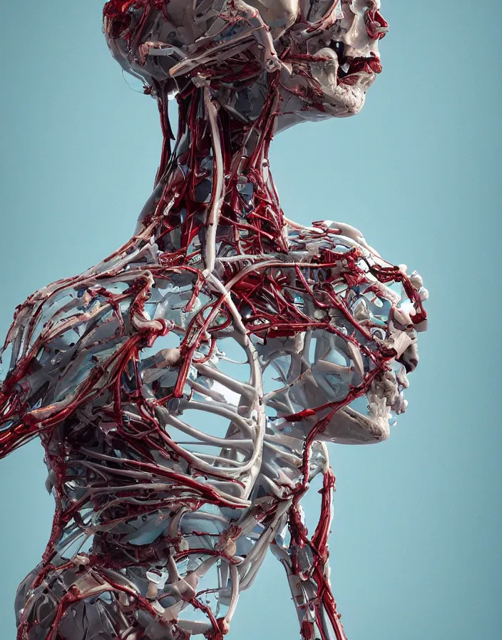 Prompt: positing on rock woman in form of sculpture with many biomechanical details, full lenght view. white plastic, skull, muscles, tumors, veins, biomech. Vogue magazine. halo. octane rendering, cinematic, hyperrealism, octane rendering, 8k, depth of field, bokeh. iridescent accents. vibrant. teal gold and red color scheme