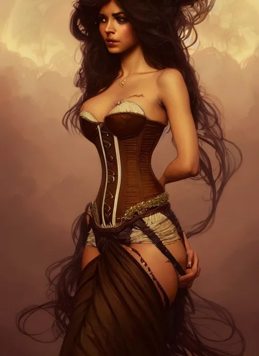 Image similar to cute brown woman wearing a translucent corset dress, fantasy, intricate, highly detailed, digital painting, artstation, concept art, wallpaper, smooth, sharp focus, illustration, art by artgerm and greg rutkowski and alphonse mucha