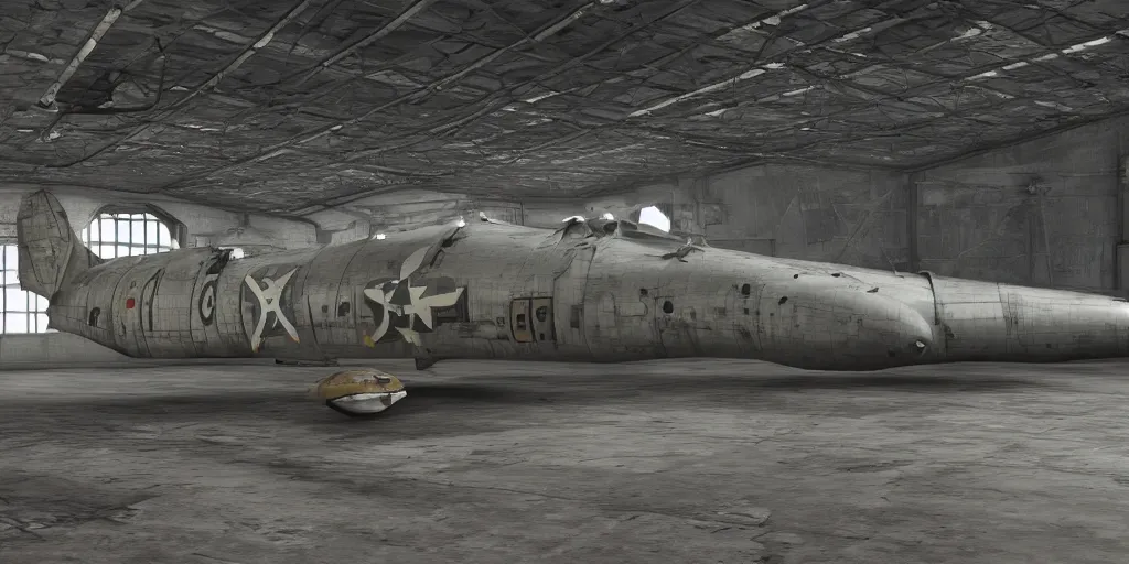 Prompt: WW2 bomber converted into a spaceship in a rundown cyberpunk hanger, 4k, photorealistic, extreme detail