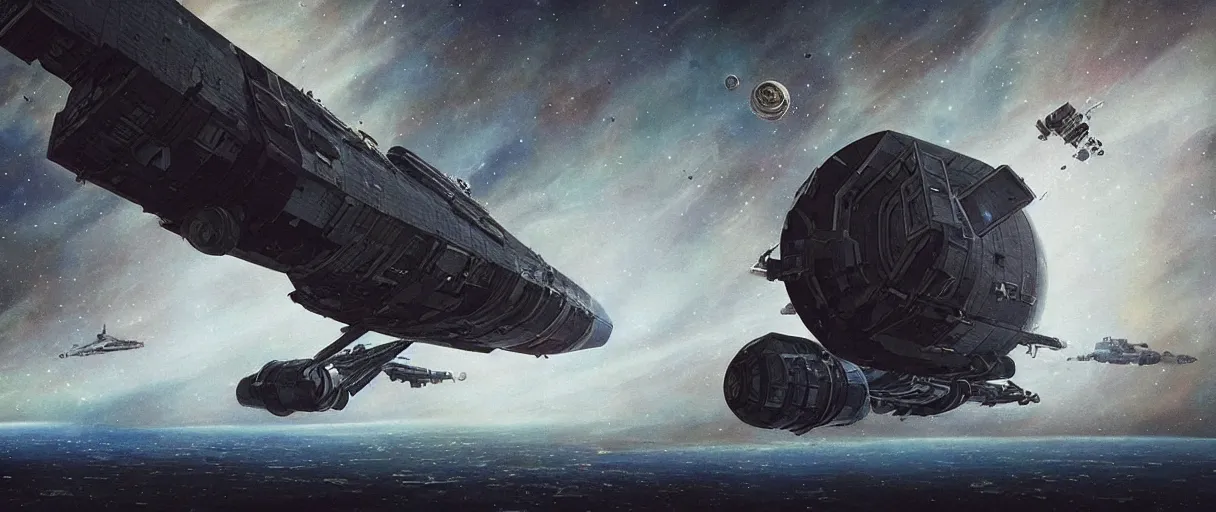 Image similar to tiny spaceship, deep space exploration!!!, flying, the expanse tv series, industrial design, the final frontier, illustrative!!, punk!!!, space pirate, painterly, hyperdetailed, hyperrealistic, utilitarian cargo ship, underexposed, cinematic lighting, 4k, wide angle, beksinski