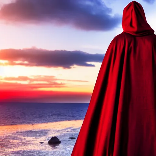 Image similar to man wearing a cloak and holding two red daggers, cinematic, sunset, medieval city background, 4 k