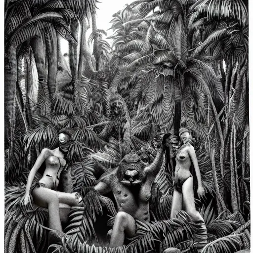 Image similar to « dark jungle, lost group of humans, detailed, far view »