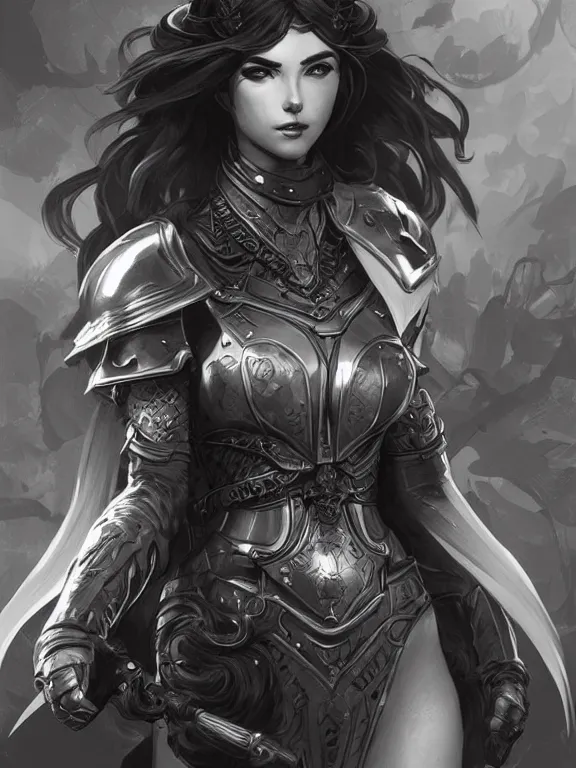 Prompt: retrofuturistic sorceress, plate armor, dnd, highly detailed, detailed face, grayscale, manga illustration, by artgerm, greg rutkowski, alphonse mucha