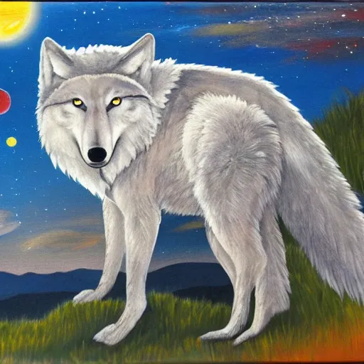 Prompt: wolf okami!!!!!!! resting under a sky full of stars, by a deep!! river, calm, acrylic on canvas