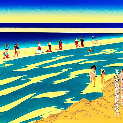 Image similar to a beautiful painting of a sunny day at the beach by hiroshi nagai and hirohiko araki, detailed line art