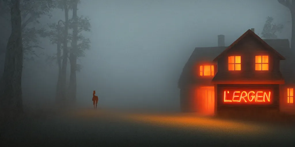 Prompt: a landscape, fog, mist, high wooden house with neon sign, a man with the head of a raven at the door, ultra-realistic