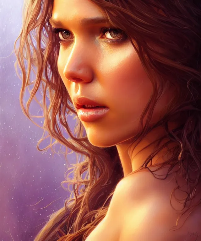 Image similar to half jessica Alba half Jennifer lawrence, a fantasy beautiful woman portrait, amber loving eyes, face, long hair, fantasy, intricate, elegant, highly detailed, digital painting, artstation, concept art, smooth, sharp focus, illustration, greg rutkowski and alphonse mucha