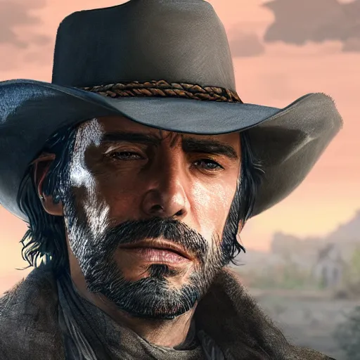 Image similar to portrait of a man with a long duster, grey hair and a cowboy hat, greek origin, harsh good looking face, drawn by ruan jia, fantasy art, red dead redemption, django, town background, dramatic lighting, digital art, 8 k, extremely detailed