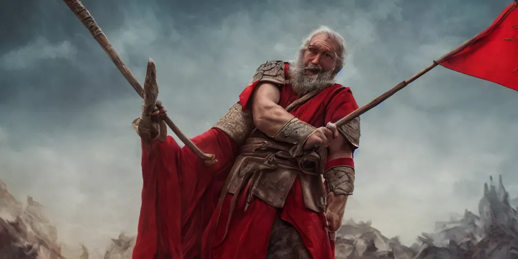 Image similar to overhead mid shot cinematic artwork of an old Caucasian man on a battlefield with a staff and wearing robes looking to a vast ancient Chinese army wearing red armor and holding red flags in the distance by greg rutowski, masterpiece, fantasy, 4k