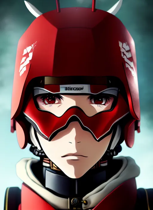 Prompt: anime portrait of a vicious helldiver scout soldier, red armor with white accents, closeup on face, ilya kuvshinov, anime, pixiv top monthly, trending on artstation, cinematic, danbooru, zerochan art, kyoto animation