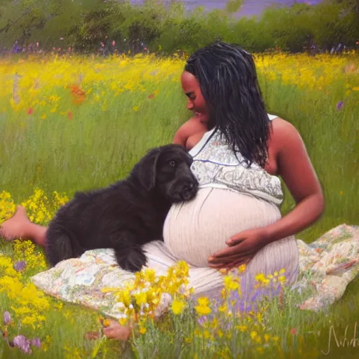 Image similar to a pregnant east african woman with her black puppy in a vast field of flowers, relaxing, wide shot, golden hour, vintage, impressionist painting, fine art, oil painting, dreamy, pastel, laughing, happy, intricate details, sharp, peaceful, serene