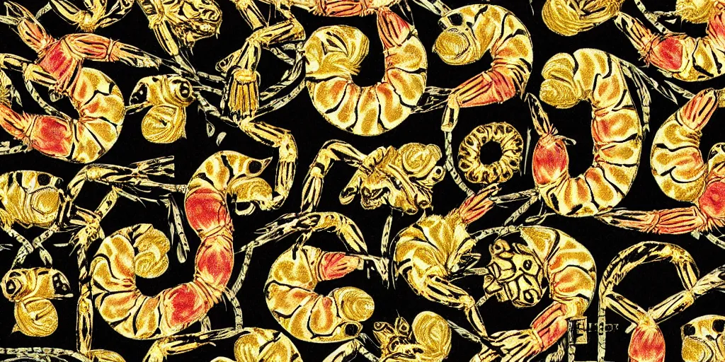 Prompt: versace gucci textile print design detailed intricate gold black tiger shrimp digital file high resolution detail