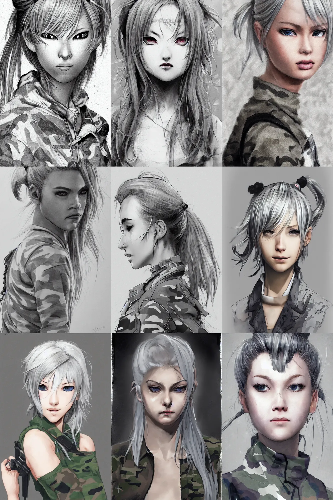 Prompt: girl, silver hair (ponytail), (winking), multicam (camo), trending on artstation, detailed, cinematic portrait, ilustration by Takehiko Inoue