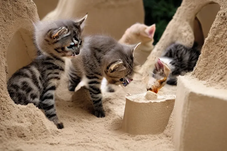 Image similar to two kittens touching a sand castle with two children